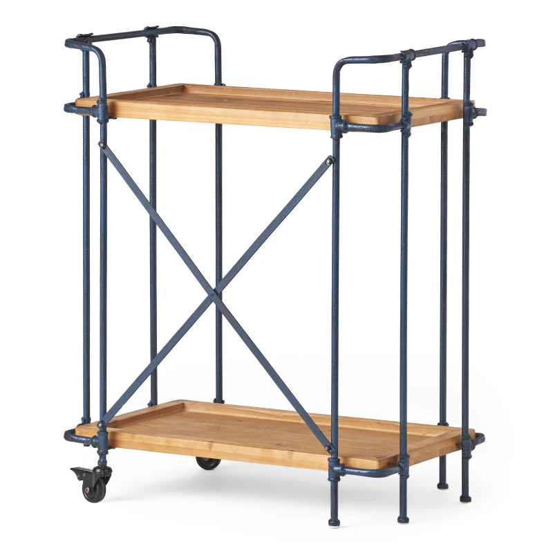 Firwood and Iron Bar Cart with Wheels, 2-Tier Mobile Serving Cart with Cross-Back Motif, 28" L x 17.5" W x 33" H, Wood+Black