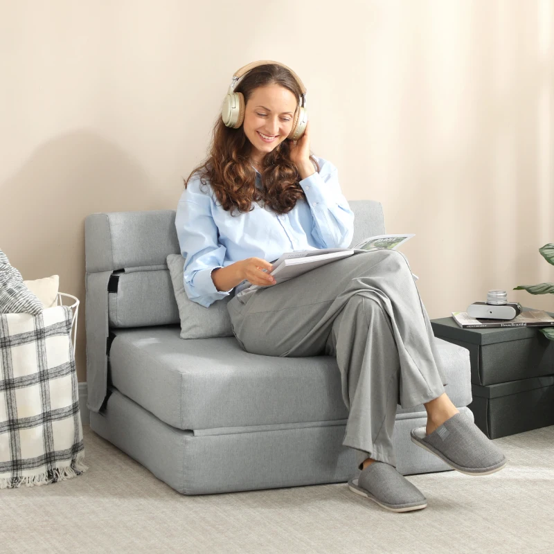 HOMCOM Folding Chair Bed with Pillow, Modern Linen Sleeper Sofa Bed for Living Room, Dorm, Guest Use, Light Gray