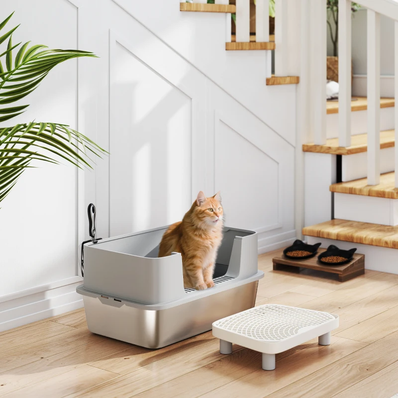 PawHut Stainless Steel Litter Box with High Sides, Metal Cat Litter Box with Scoop, Pedal, Anti-Urine Leakage, Non-Sticky