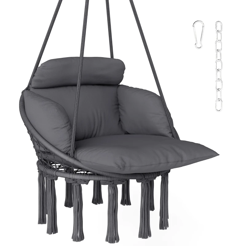 Outsunny Hammock Swing Chair, Macrame Hanging Chair with Large Cushion, Chain, Steel Frame for Indoor Outdoor Use, Dark Gray