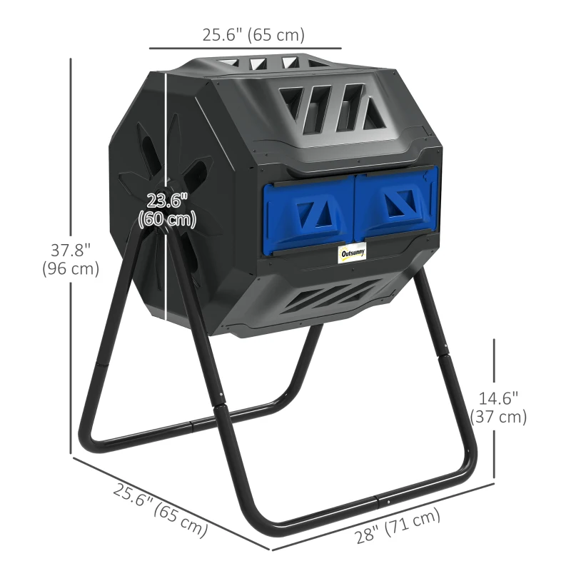 Outsunny Tumbling Compost Bin Outdoor Dual Chamber 360° Rotating Composter 43 Gallon with Sliding Doors, Blue