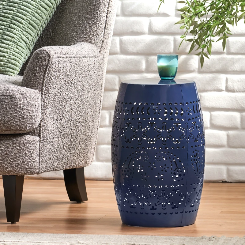 Lace-Cut Metal Side Table with All-metal Construction, Outdoor Accent Table with Barrel Shape Design, 12" L x 12" W x 18" H, Dark Blue