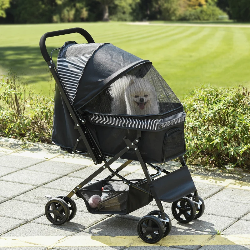 PawHut Foldable Cat Dog Travel Carriage, 4 Wheels Pet Stroller with EVA Wheel Brake, 3-stage Canopy, Mesh Window Door, Black