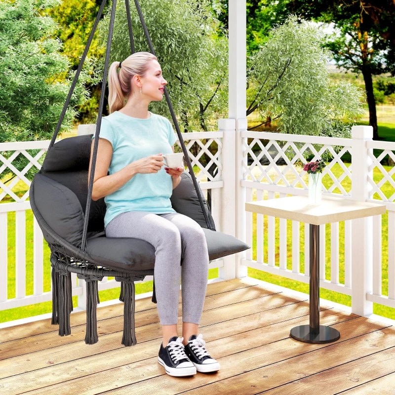 Outsunny Hammock Swing Chair, Macrame Hanging Chair with Large Cushion, Chain, Steel Frame for Indoor Outdoor Use, Dark Gray