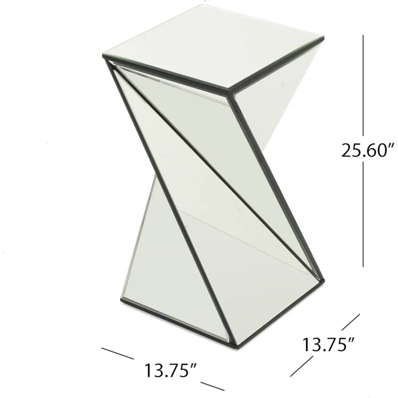 Geometric Mirrored Side Table with Modern Chic Design,Ideal for Living Room, Bedroom, Office, 14" L x 14" W x 25.5" H, Clear+Silver