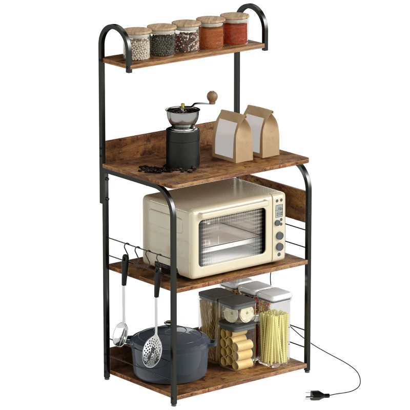HOMCOM Baker's Rack with Charing Station, Microwave Shelf with Power Outlet, USB Charger and 4 Hooks, Rustic Brown