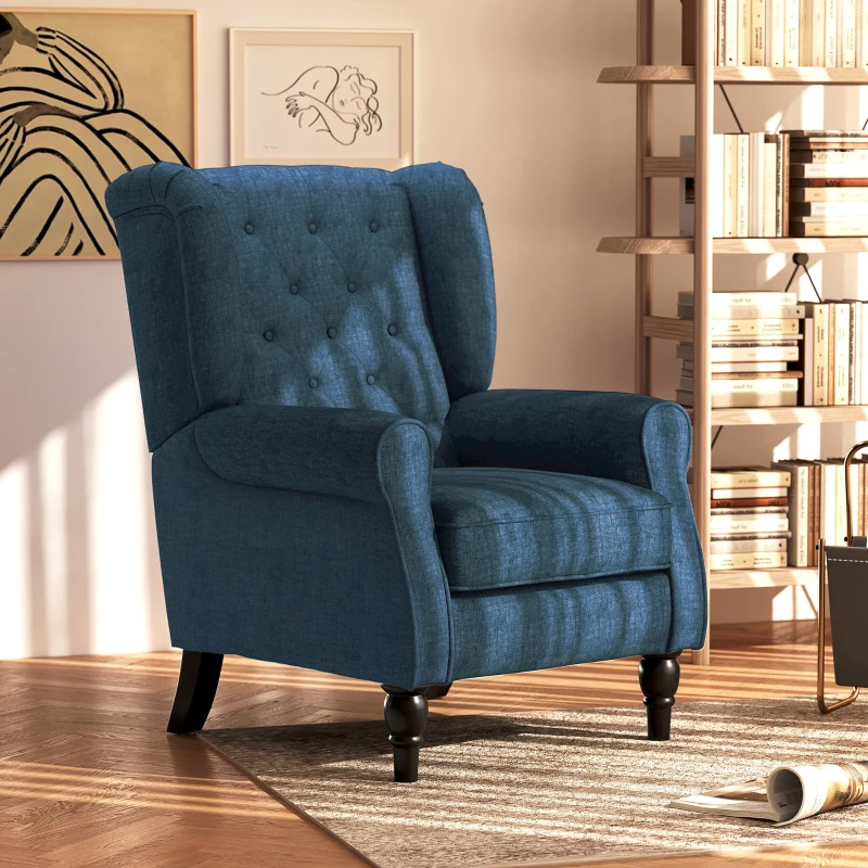 HOMCOM Button Tufted Accent Chair for Living Room - Upholstered Wingback with Wood Legs, Rolled Arms, Thick Padding, Blue