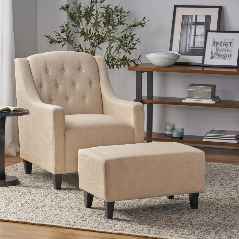 Tufted Fabric Chair and Footrest Set with Birch Wood Frame, Plush Upholstery, Ideal for Living Room, Bedroom, 29.5" L x 32" W x 37" H, Beige