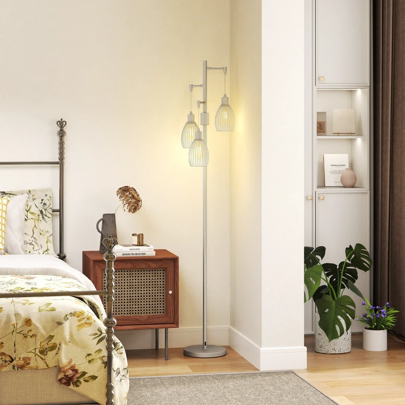 HOMCOM Industrial Floor Lamp with 3 Hanging Wire Lampshades, Dimmable Standing Lamp for Living Room, Silver