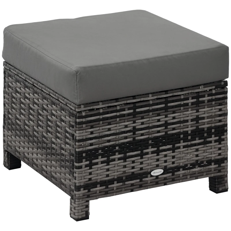 Outsunny Patio Rattan Ottoman, Outdoor Wicker Footrest with Soft Cushion, Metal Frame for Backyard, Garden, and Poolside, Grey