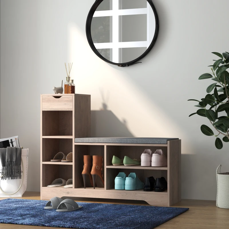 HOMCOM Upholstered Shoe Storage Bench w/ Seat, Entrance Bench w/ Drawer and 6 Open Shelves for Hallway, Grey