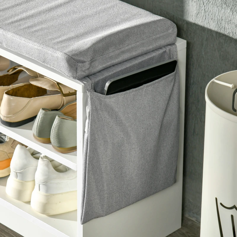 HOMCOM Upholstered Shoe Storage Bench w/ Seat, Entrance Bench w/ Drawer Open Shelves and Pocket for Hallway, White