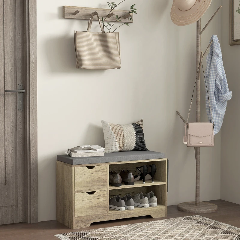 HOMCOM Upholstered Shoe Storage Bench w/ Seat, Entrance Bench w/ Drawer Open Shelves and Pocket for Hallway, Grey