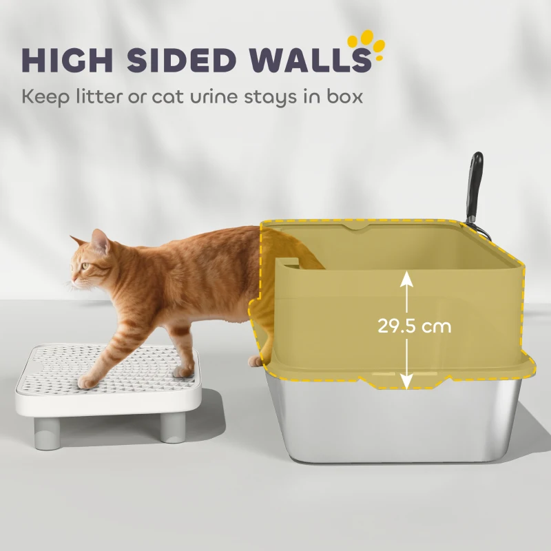 PawHut Stainless Steel Litter Box with High Sides, Metal Cat Litter Box with Scoop, Pedal, Anti-Urine Leakage, Non-Sticky