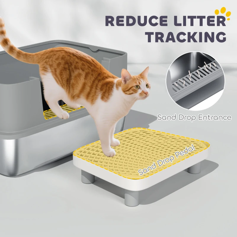 PawHut Stainless Steel Litter Box with High Sides, Metal Cat Litter Box with Scoop, Pedal, Anti-Urine Leakage, Non-Sticky