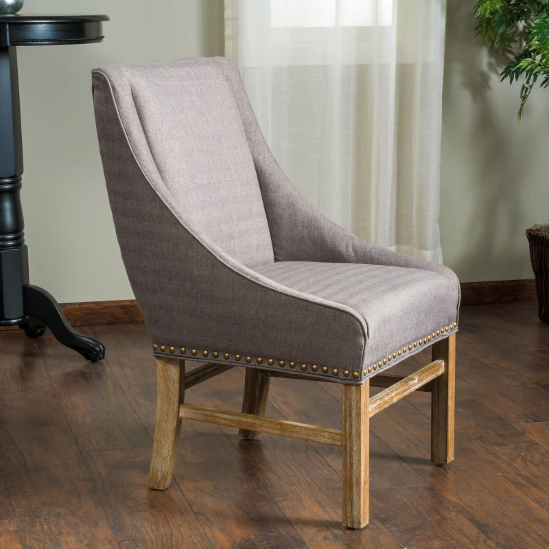 Contemporary Dining Chair with Nailhead Accents and Sloped Arms, Generously Upholstered for Comfort, 28" L x 23" W x 37.5" H, Brown Grey