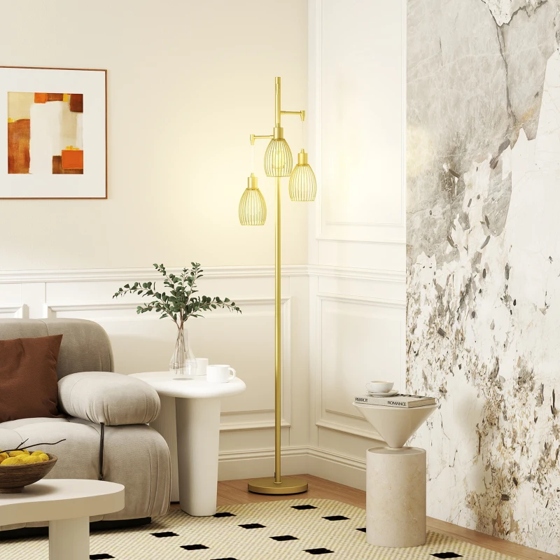 HOMCOM Industrial Floor Lamp with 3 Hanging Wire Lampshades, Dimmable Standing Lamp for Living Room, Gold