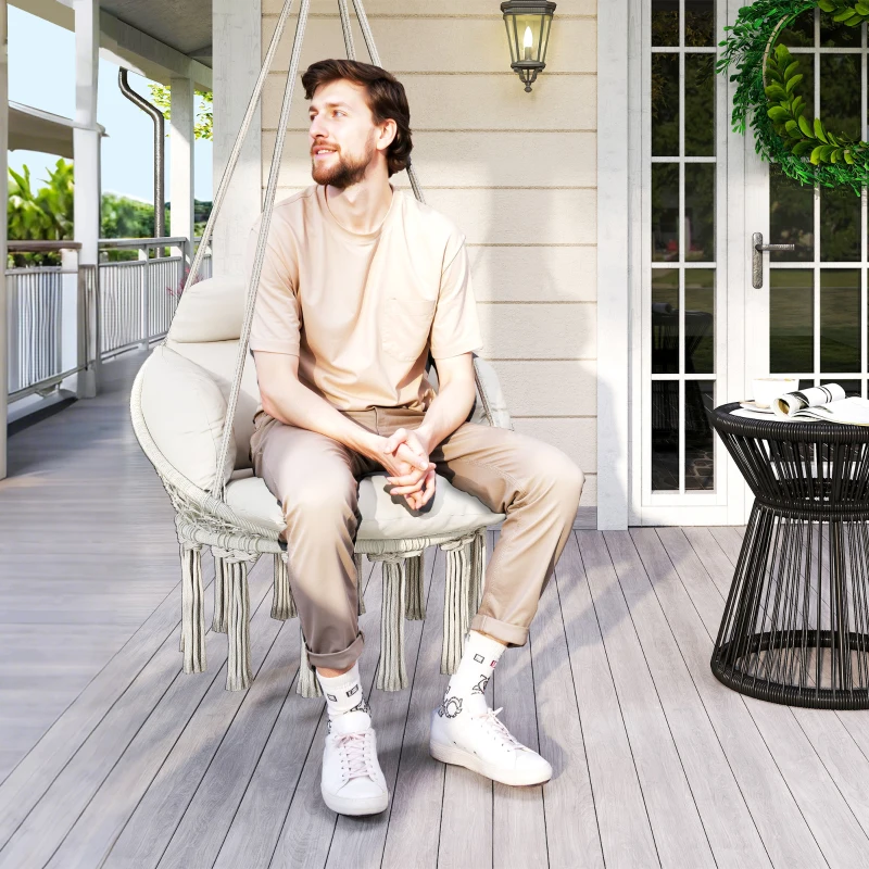 Outsunny Hammock Swing Chair, Macrame Hanging Chair with Large Cushion, Chain, Steel Frame for Indoor Outdoor Use, Cream White