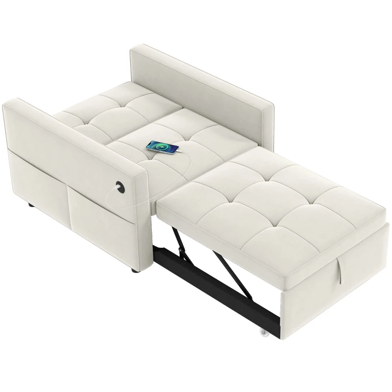 HOMCOM Convertible Chair Bed, Pull Out Sleeper Chair with USB, Adjustable Backrest, Small Velvet Futon Sofa Bed, Cream White