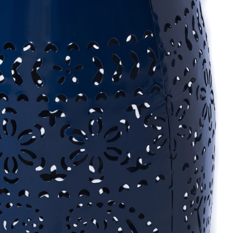 Lace-Cut Metal Side Table with All-metal Construction, Outdoor Accent Table with Barrel Shape Design, 12" L x 12" W x 18" H, Dark Blue