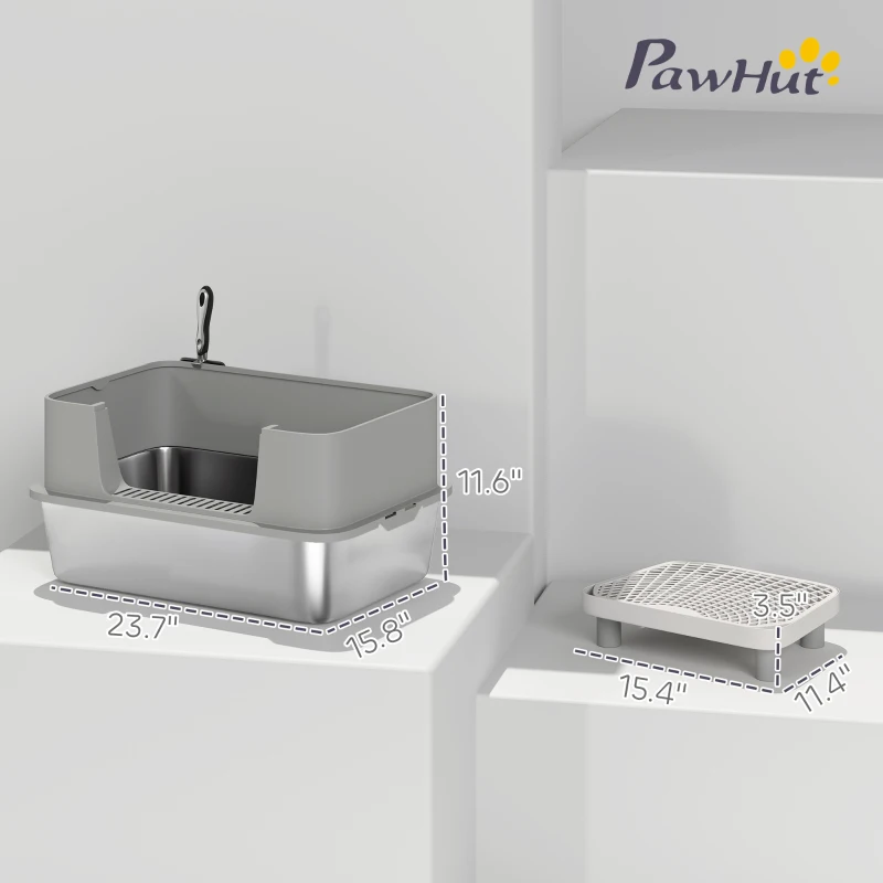 PawHut Stainless Steel Litter Box with High Sides, Metal Cat Litter Box with Scoop, Pedal, Anti-Urine Leakage, Non-Sticky