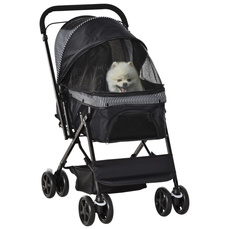 PawHut Foldable Cat Dog Travel Carriage, 4 Wheels Pet Stroller with EVA Wheel Brake, 3-stage Canopy, Mesh Window Door, Black