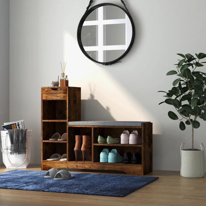 HOMCOM Upholstered Shoe Storage Bench w/ Seat, Entrance Bench w/ Drawer and 6 Open Shelves for Hallway, Rustic Brown