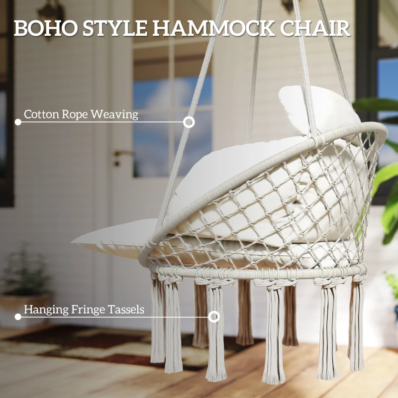 Outsunny Boho Hammock Chair Swing Hanging Chair with Cushion, Chain, Steel Frame for Indoor Outdoor Bedroom Patio Balcony, Cream