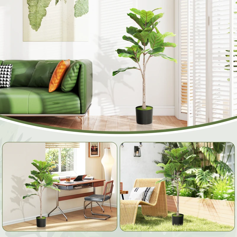 HOMCOM Artificial Fiddle Leaf Fig Tree, 43" Potted Plant with Flocked Soil for Home Office Decor, Green