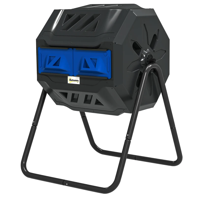 Outsunny Tumbling Compost Bin Outdoor Dual Chamber 360° Rotating Composter 43 Gallon with Sliding Doors, Blue