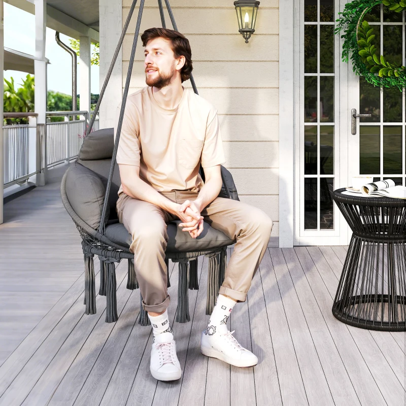 Outsunny Hammock Swing Chair, Macrame Hanging Chair with Large Cushion, Chain, Steel Frame for Indoor Outdoor Use, Dark Gray