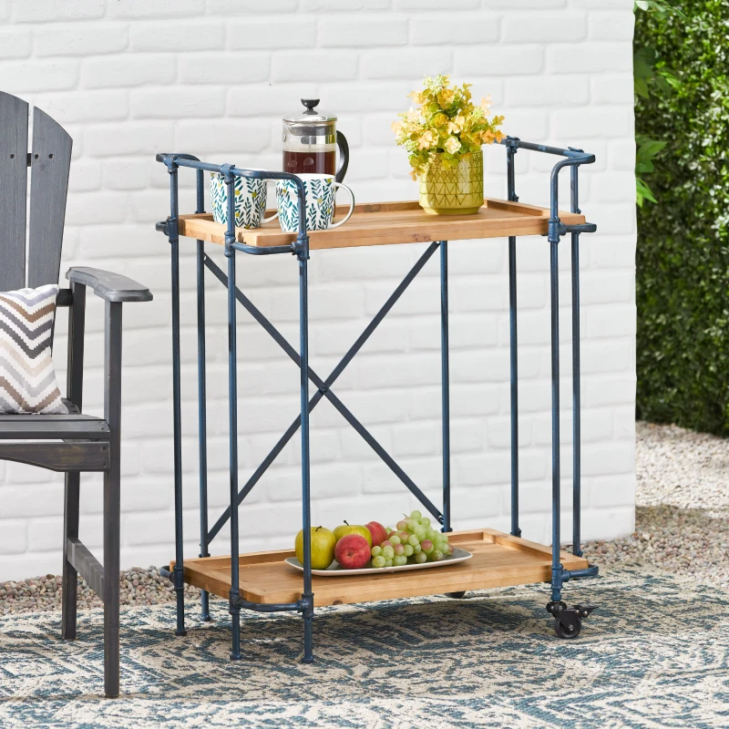 Firwood and Iron Bar Cart with Wheels, 2-Tier Mobile Serving Cart with Cross-Back Motif, 28" L x 17.5" W x 33" H, Wood+Black