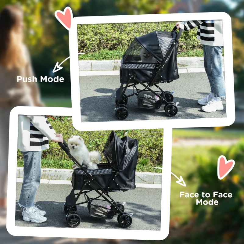 PawHut Foldable Cat Dog Travel Carriage, 4 Wheels Pet Stroller with EVA Wheel Brake, 3-stage Canopy, Mesh Window Door, Black