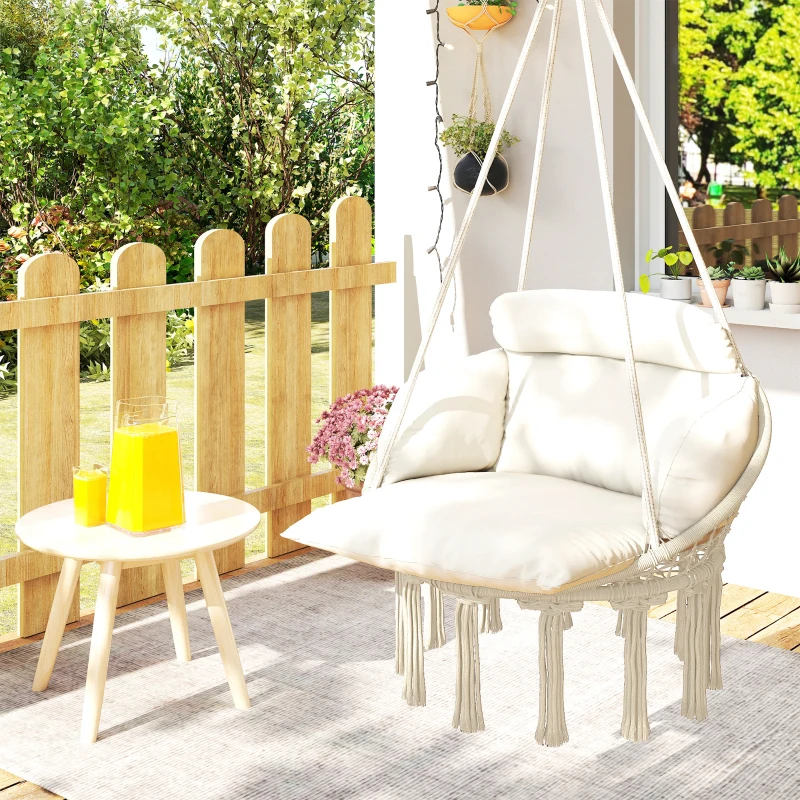 Outsunny Boho Hammock Chair Swing Hanging Chair with Cushion, Chain, Steel Frame for Indoor Outdoor Bedroom Patio Balcony, Cream