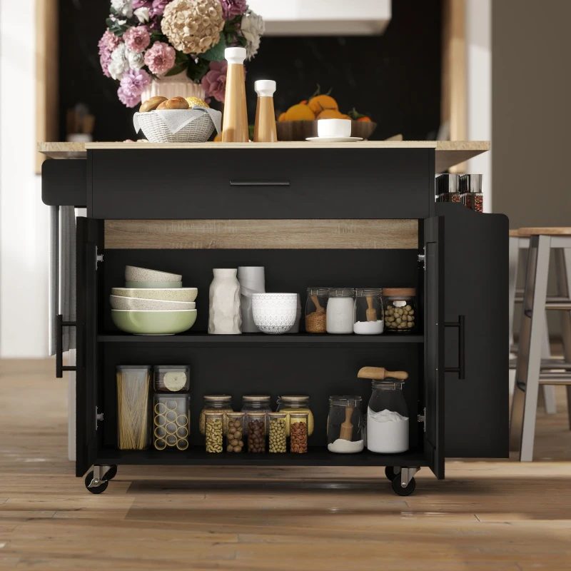 HOMCOM Kitchen Island with Storage, Rolling Kitchen Cart with Foldable Drop Leaf, Power Outlet and USB Ports, Black