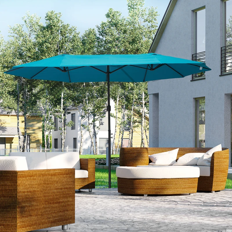 Outsunny 15ft Double-sided Patio Umbrella with Twin Canopy, Extra Large Outdoor Parasol with Crank for Pool, Deck, Market, Sky Blue