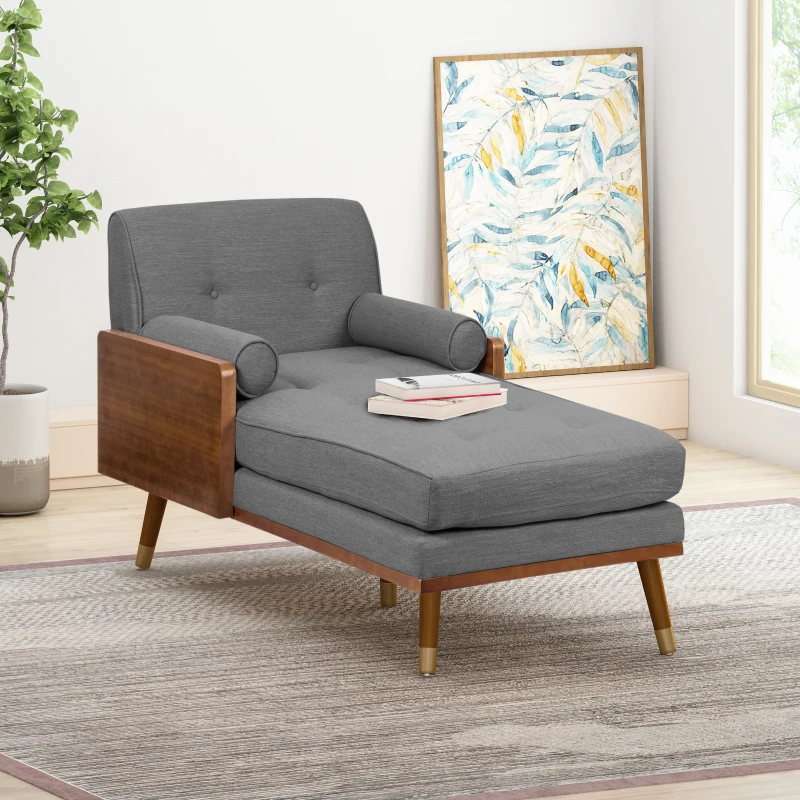 Mid-Century Chaise Lounge with 2 Accent Pillows, Button Tufted Waffle Stitch, Gold Tipped Rubberwood Legs, 64" L x 32" W x 33.5" H, Grey
