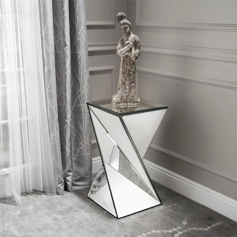 Geometric Mirrored Side Table with Modern Chic Design,Ideal for Living Room, Bedroom, Office, 14" L x 14" W x 25.5" H, Clear+Silver