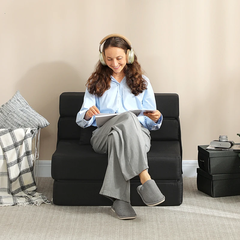 HOMCOM Folding Chair Bed with Pillow, Modern Linen Sleeper Sofa Bed for Living Room, Dorm, Guest Use, Black