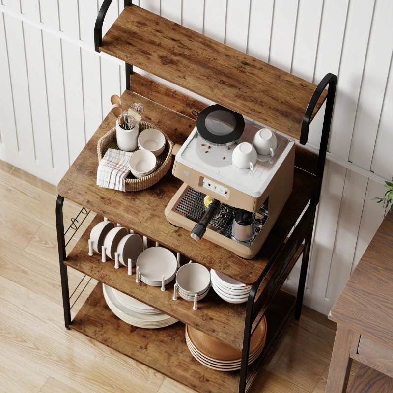 HOMCOM Baker's Rack with Charing Station, Microwave Shelf with Power Outlet, USB Charger and 4 Hooks, Rustic Brown