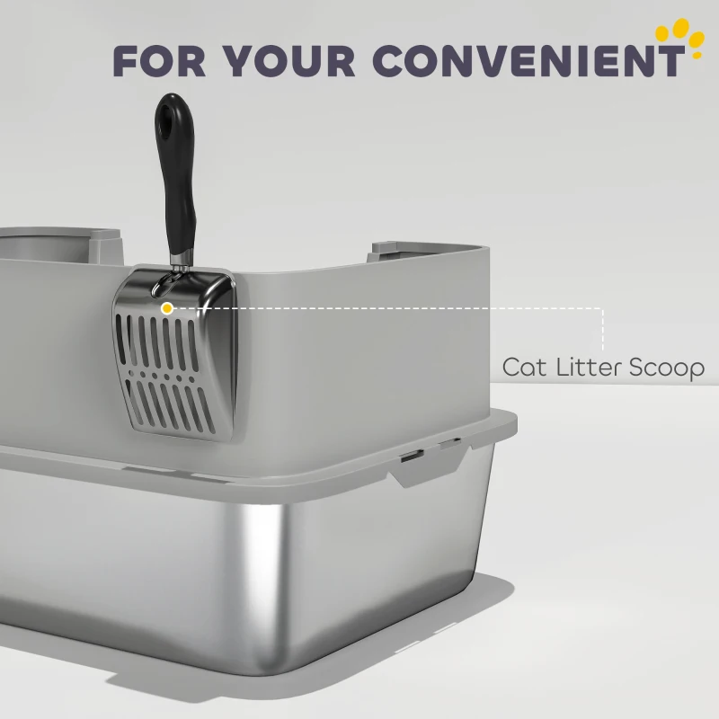 PawHut Stainless Steel Litter Box with High Sides, Metal Cat Litter Box with Scoop, Pedal, Anti-Urine Leakage, Non-Sticky