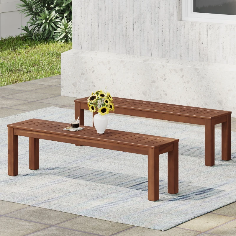 Rustic Acacia Wood Bench Set of 2 with Slat Panel Design, Rustic Style with Earthy Textures, 62" L x 14.5" W x 18" H, Dark Brown