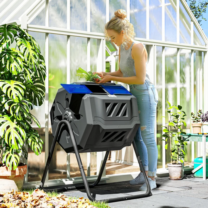 Outsunny Tumbling Compost Bin Outdoor Dual Chamber 360° Rotating Composter 43 Gallon with Sliding Doors, Blue