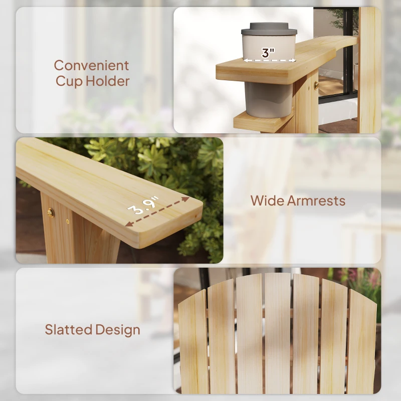 Outsunny Oversized Adirondack Chair, Outdoor Fire Pit and Porch Seating, Classic Log Lounge w/ Built-in Cupholder, Natural Wood