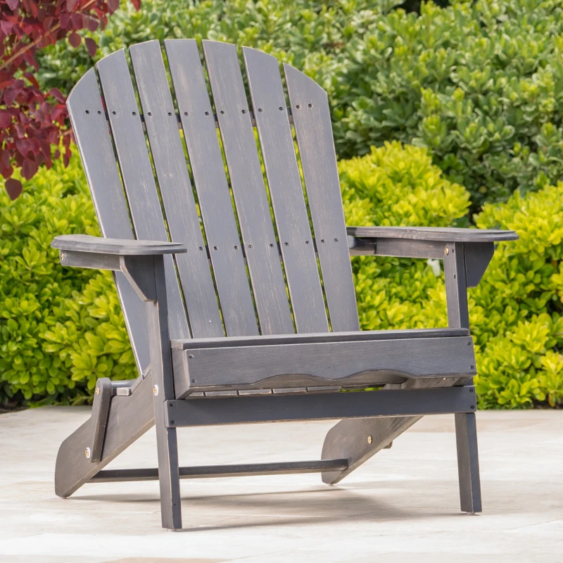 Rustic Acacia Wood Adirondack Chair with Traditional Slats, Foldable Patio Seating for Easy Storage, 30.5" L x 36" W x 34.5" H, Dark Grey