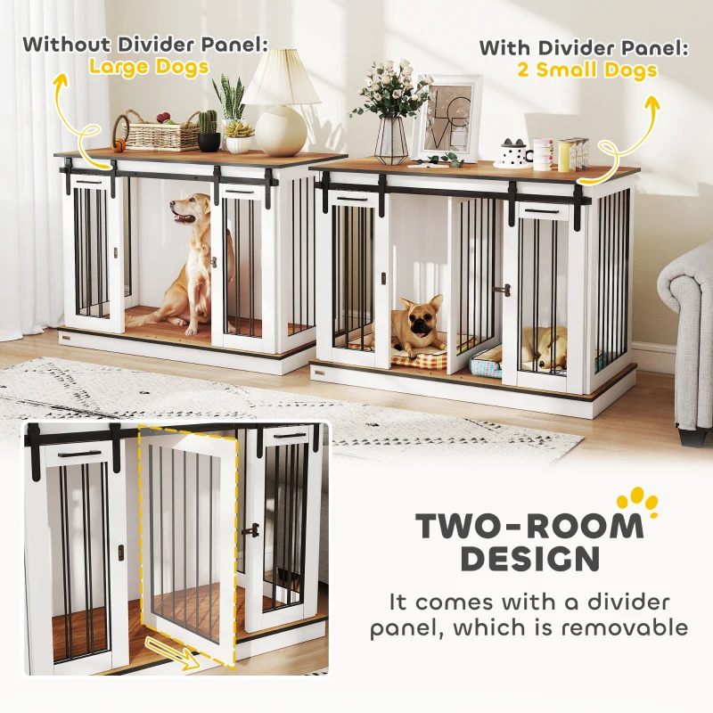 PawHut 47in Dog Crate Furniture with Divider Panel, Wooden Dog Kennel TV Stand for Large Breeds, Pet House Side Table for 2 Small Breeds with 2 Rooms Design, 2 Sliding Doors, White