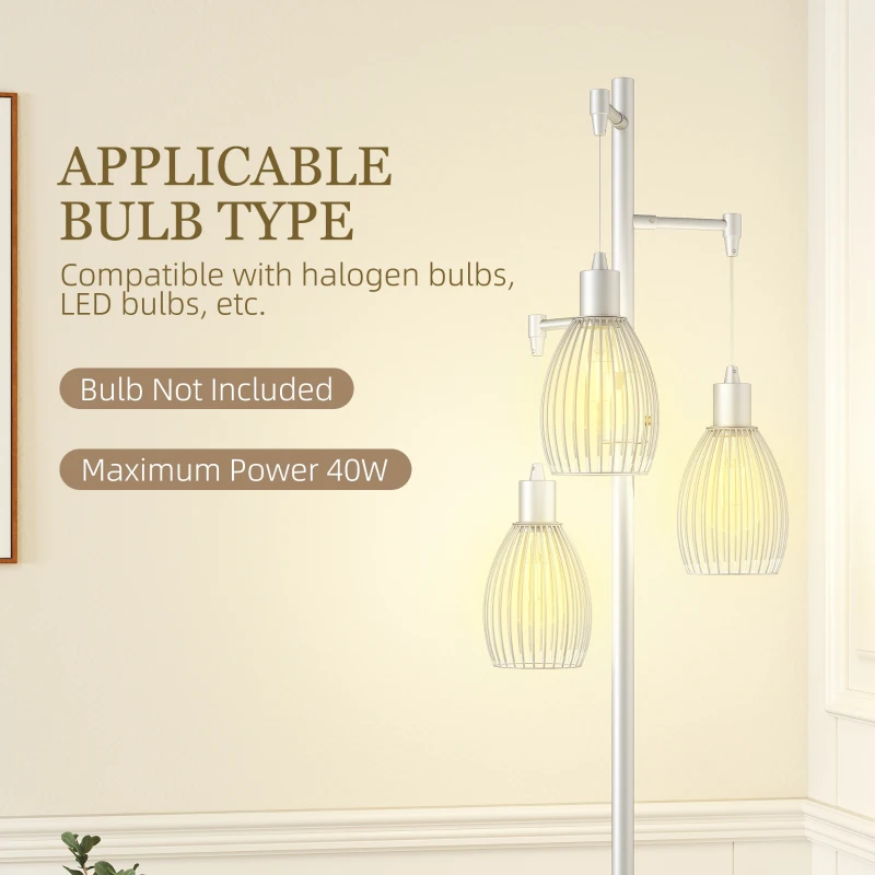 HOMCOM Industrial Floor Lamp with 3 Hanging Wire Lampshades, Dimmable Standing Lamp for Living Room, Silver