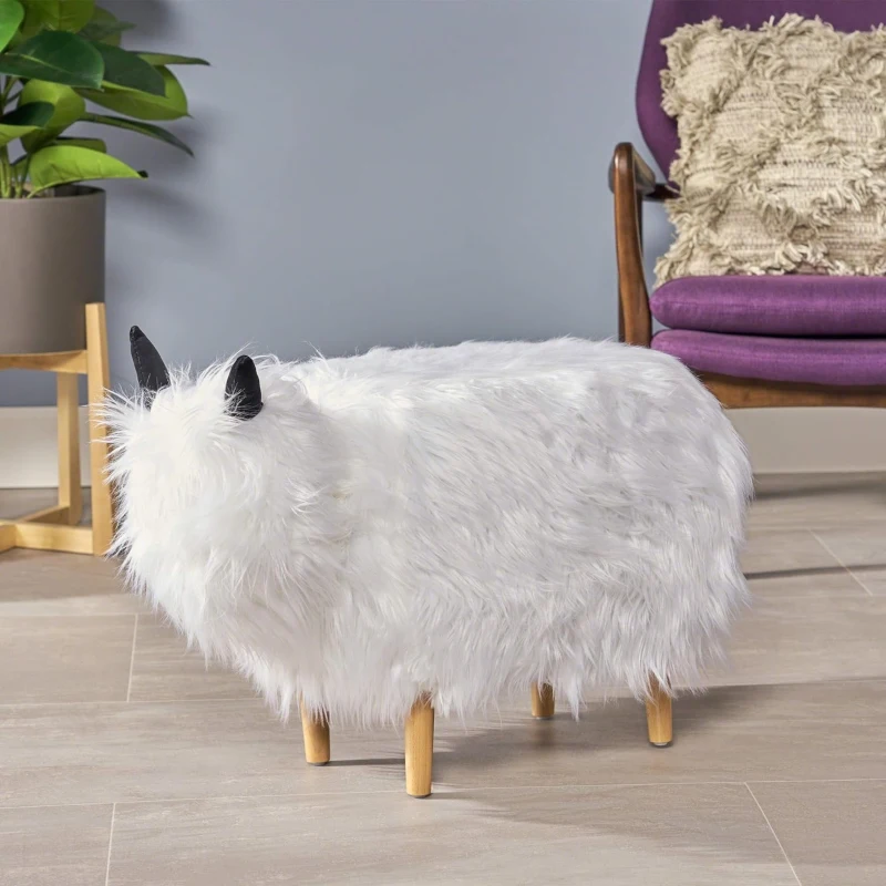 Adorable Upholstered Yak Ottoman with Sturdy Construction, Kid-Friendly Multi-Functional Foot Stool, 26.5" L x 17.5" W x 17.5" H, White