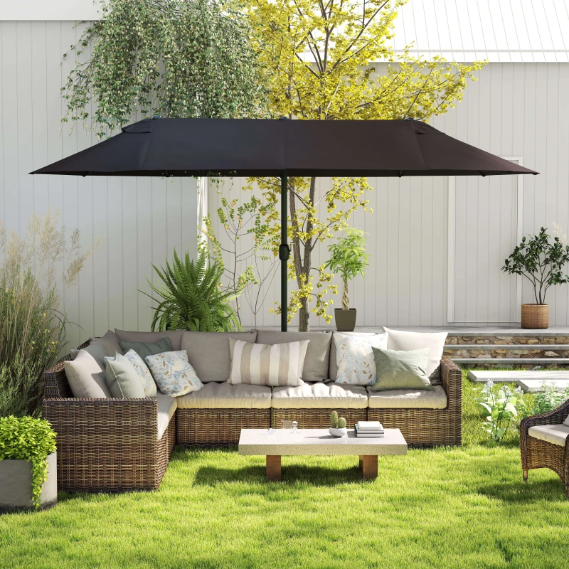 Outsunny 15ft Double-sided Outdoor Sun Umbrella with Twin Canopy, Outdoor Parasol with Crank for Pool, Deck, Black