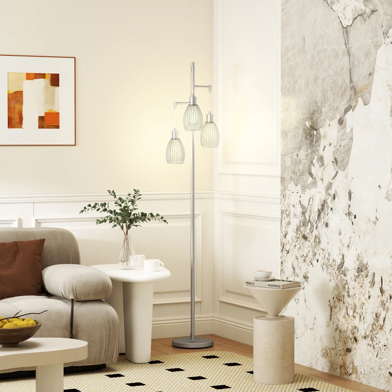 HOMCOM Industrial Floor Lamp with 3 Hanging Wire Lampshades, Dimmable Standing Lamp for Living Room, Silver
